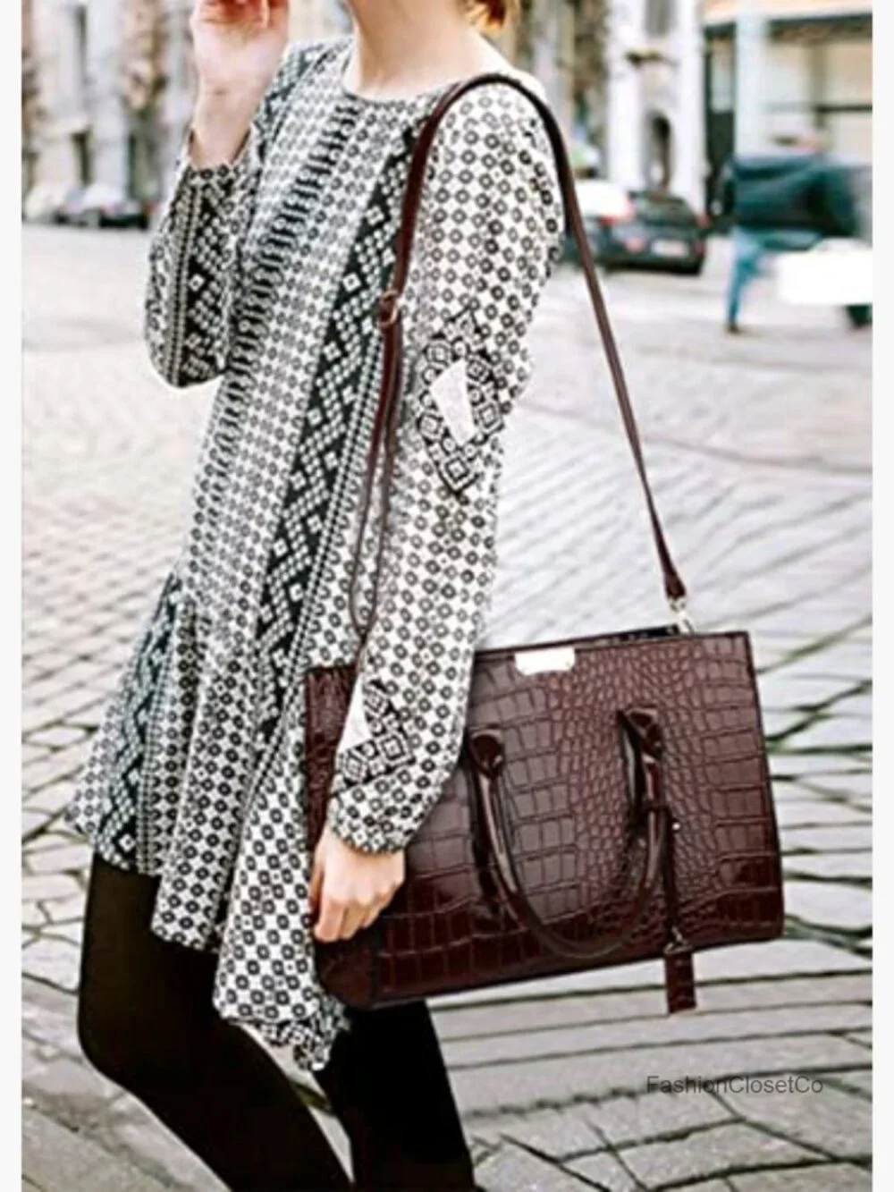 PU Leather Top Handle Satchel Handbag Crocodile Pattern Shoulder Bag Tote